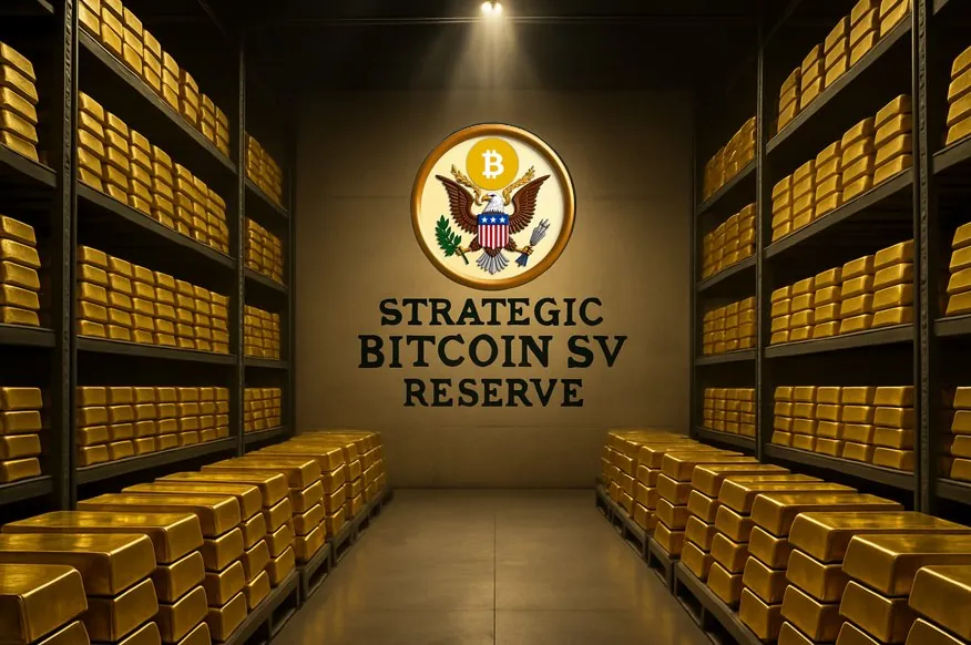 Vault of gold bars bearing the Strategic Bitcoin SV Reserve emblem